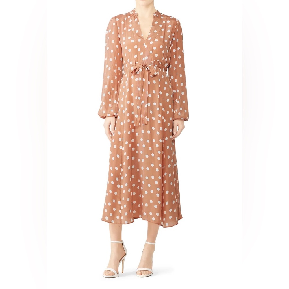 by TiMo Polka Dot Long Sleeve Tan/White Hourglass Midi Dress Women’s Size L